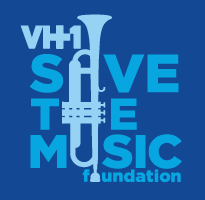 The logo for the save the music foundation. There is a trumpet in the middle of the logo.